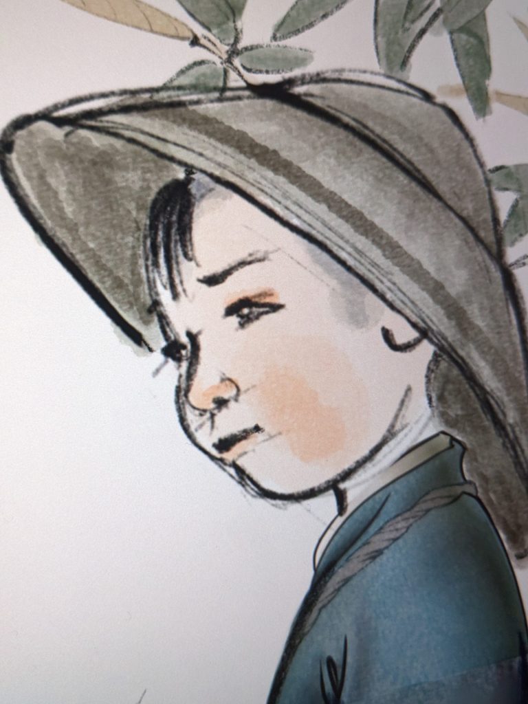 An illustration of a young Asian boy wearing a traditional blue tunic and peaked straw hat. There are bamboo shoots behind him.