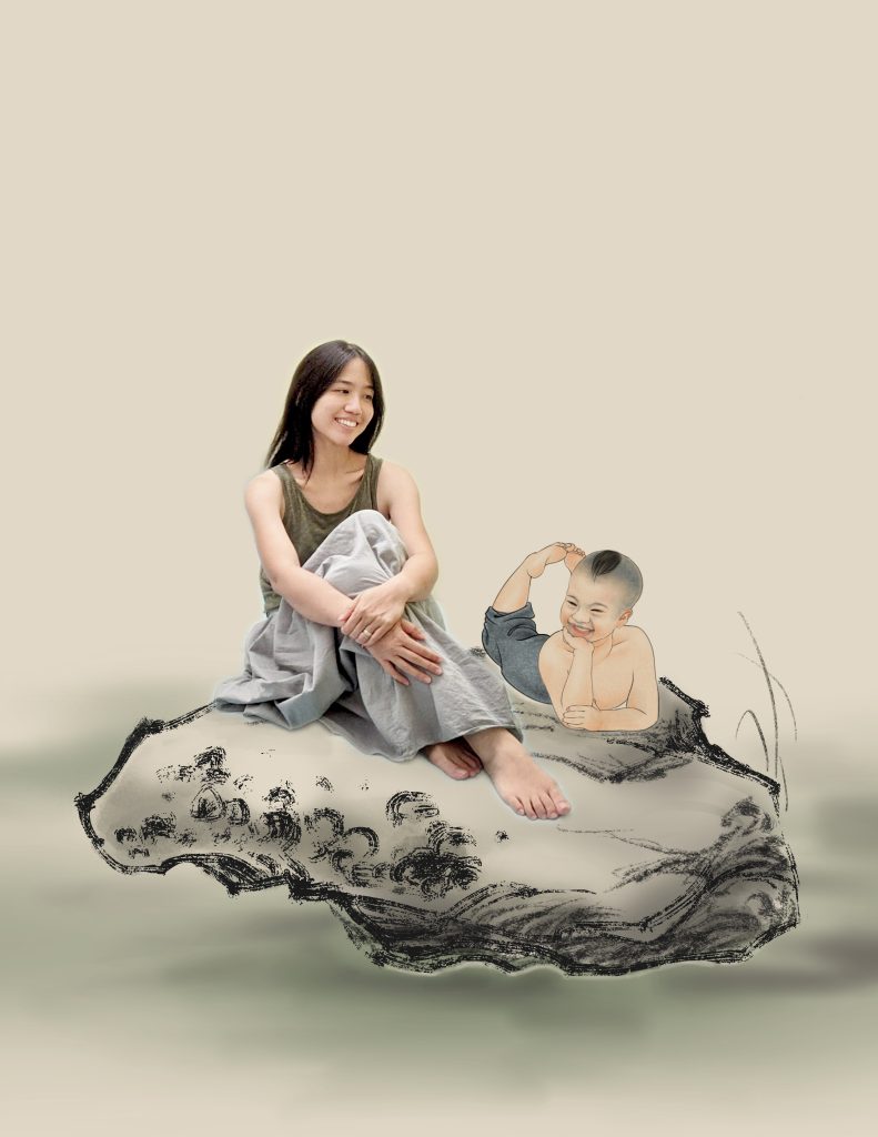 An illustration of a young, shirtless Asian boy wearing blue trousers and lying on his stomach on a rock outlined with black ink. Regina Linke is photoshopped to be sitting beside him; she wears a green tanktop and has a gray blanket on her legs.