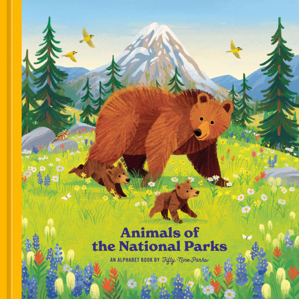Illustrated cover of "Animals of the National Parks" shows a brown bear with two cubs in a colorful meadow, with mountains and trees in the background.