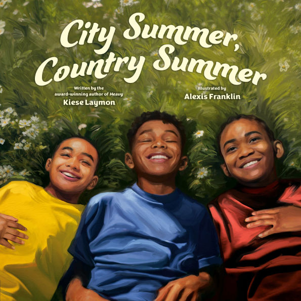Three kids lie on grass smiling, bathed in sunlight. Each wears a colorful shirt: yellow, blue, and red. The text reads "City Summer, Country Summer."
