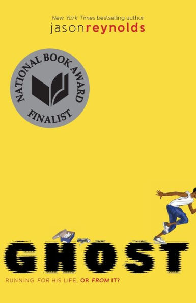Yellow book cover of "Ghost" by Jason Reynolds. A silhouette of a running boy fades off the edge. National Book Award Finalist emblem is featured in top left corner.