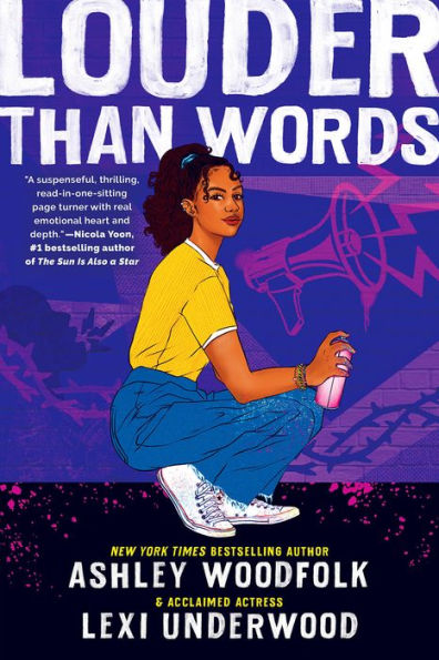 Cover of "Louder Than Words" depicts a confident young woman with curly hair in bright clothing, crouching with a spray can. Megaphone background signifies empowerment.