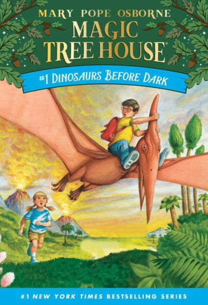 Cover of "Magic Tree House: Dinosaurs Before Dark." Shows a boy riding a flying dinosaur over a jungle, while a girl runs below.