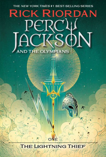 Book cover for 'Percy Jackson and the Olympians: The Lightning Thief' by Rick Riordan. Features a celestial night sky, a trident, and a Greek helmet amidst swirling clouds, conveying a sense of adventure and mythology.