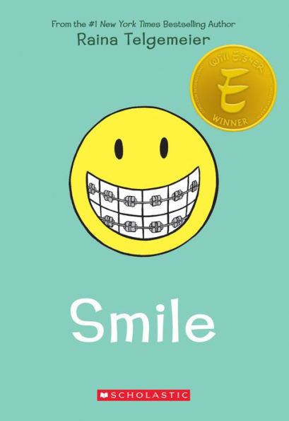 The book cover features a smiling yellow face with braces on a teal background, displaying an award seal. The word "Smile" is written in white below and "Raina Telgemeier" is written above.