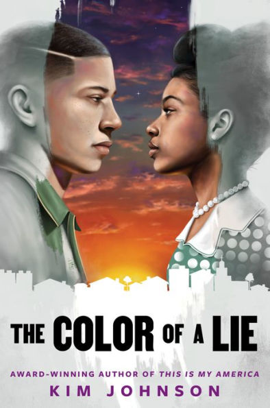 A young man and woman face each other against a dramatic sunset sky. The text reads "The Color of a Lie" in black and Kim Johnson in purple.