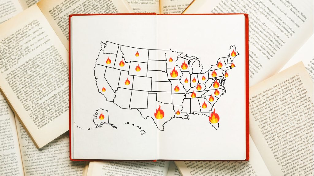 An open book depicting the United States with cartoon fires shown on all the states with book bans via PEN America stats.