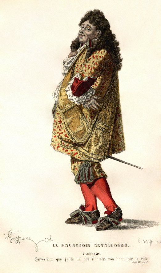 A drawing of a bourgeois Fop. A man in a curly brown wig, opulent gold and brown coat, red tights, brown heeled shoes, and a decorative sword stands posed with his hands on his hips. He has a smug expression.