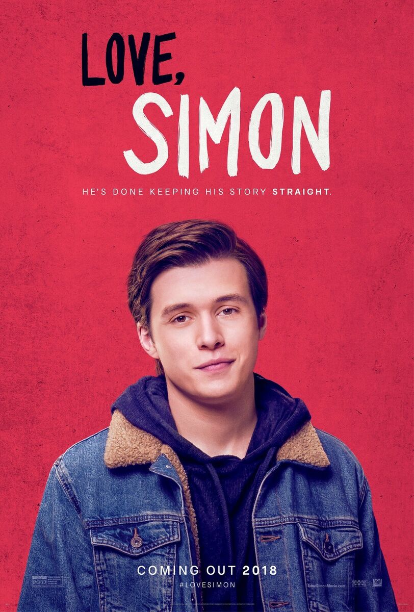 Love, Simon movie poster by Twentieth Century Studios depicting a smiling brunette young man wearing a blue denim jacket with brown fur lining, and a black hoodie. He is standing on a worn red background similar to the book cover on which the film is based.