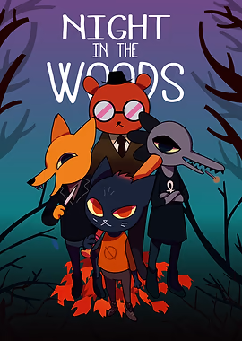 Into the Woods poster by Infinite Fall and Secret Lab depicting four zoomorphic creatures. In the front centre is a black cat wearing an orange long-sleeved t-shirt and holding a baseball bat. To her left is a goth crocodile wearing a black top and boots with a cigarette in her mouth. To her left is a yellow fox wearing a collared black top and holding a knife. Behind them is a tall brown bear wearing a suit and tie, small bowler hat, and glazed-over glasses. They stand on a pile of autumn leaves in the middle of a dark, leafless forest.