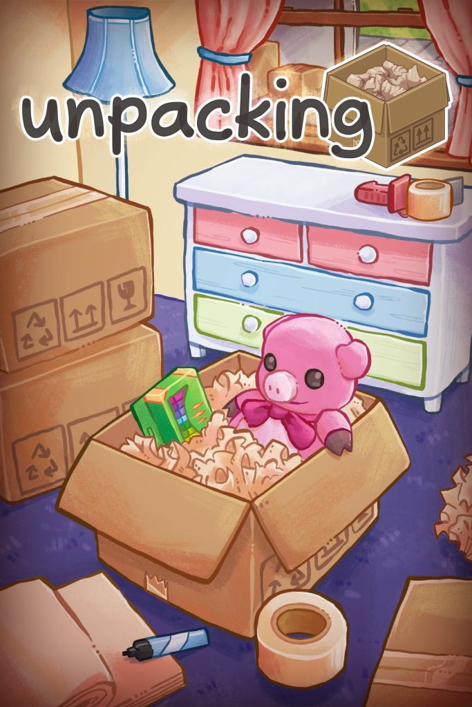 Unpacking by Witch Beam Games depicting taped-up cardboard boxes in a room with purple carpet and yellow walls. There is a lamp with a blue shade in the left corner of the room, beside a pink, blue, and yellow chest of drawers and a window with brown wood panes and pink and blue curtains held open. In the centre of the image, a cardboard box stand sopen, with a pink pig stuffed-bear and a bow peeking out, as well as the corner of a green box of crayons. On the floor around this, is brown paper, black pen, and tape.