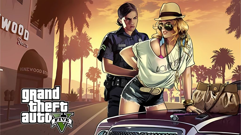 A lady in a summer attire is being detained, arrested by a female police officer. The palm trees mark the road ahead as the sun sets. The logo - Grand Theft Auto 5 - prints the bottom left of the image.