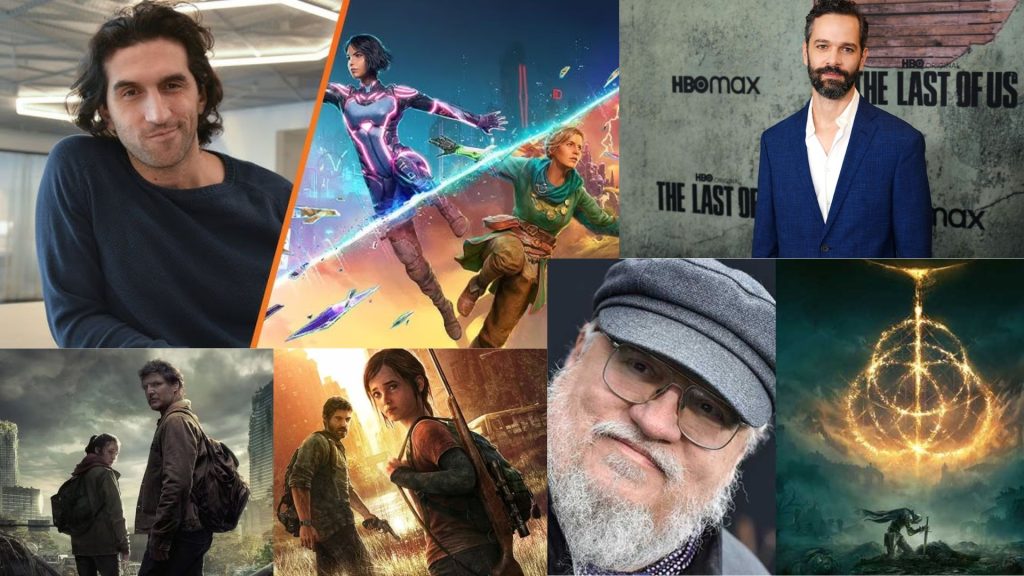 Hazelight Director Josef Fares is pictured in the top left, alongside promotional art for his latest game Split Fiction. To their right is Neil Druckmann - creator of The Last of Us. Below, is George R R Martin next to the cover art for Elden Ring. Then, in the bottom left of the image, is the comparison between the The Last of Us TV show and 2013 game promo art.