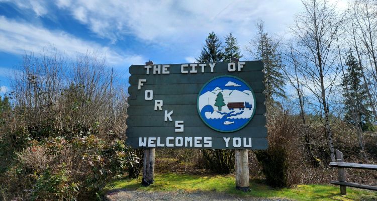 The image depicts the welcome sign as you approach Forks WA. The sign is held up with thick wooden posts. It's green with white diagonal and horizontal text. There are bare trees surrounding the sign.