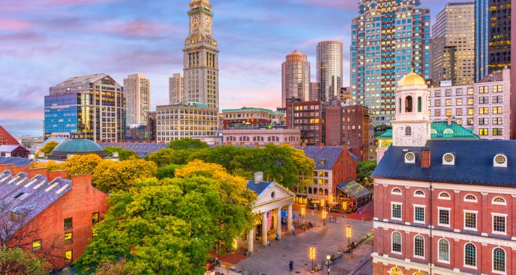 The picture depicts the Boston from a high view overlooking brownstone building and skyscrapers and green topped trees
