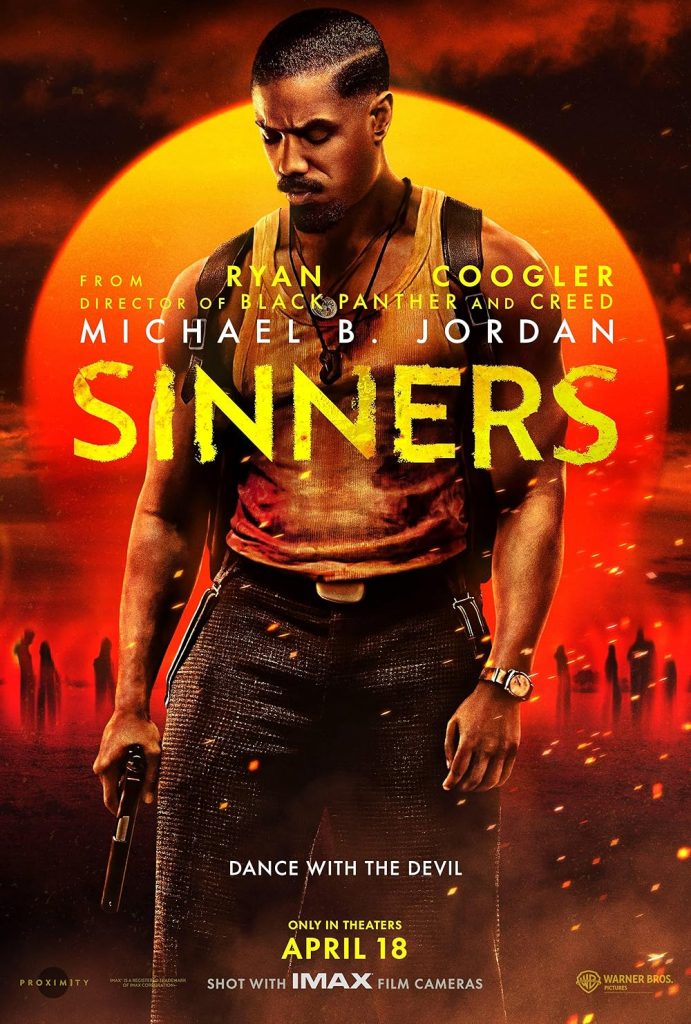 Movie poster for Sinners by Warner Bros, depicting Michael B Jordan in a white tank top holding a gun before a seting sun.