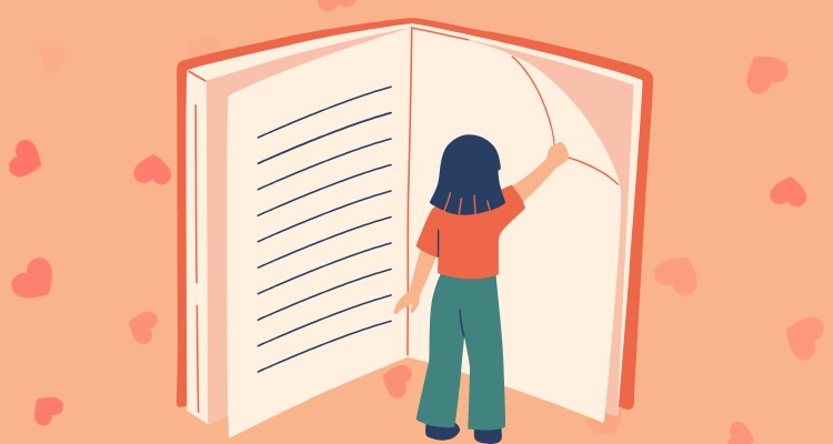 A big book is being flipped by a person. The background has a bunch of hearts.