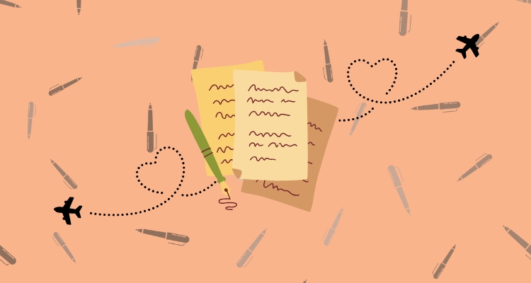 An illustration of three papers splayed out with scribbled writing sit in the middle with an ink pen next to them. Two planes fly on opposite ends creating a heart trail and the background has a bunch of pens.