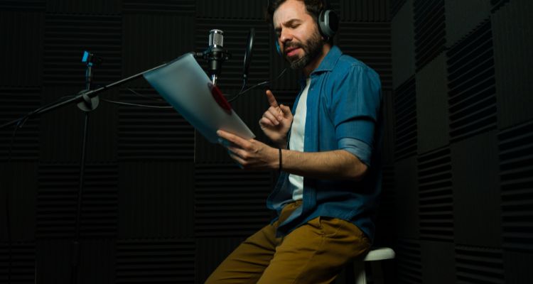 The image features a man with dark hair sitting in front of a microphone recording lines off a paper in his hands. The background is black.