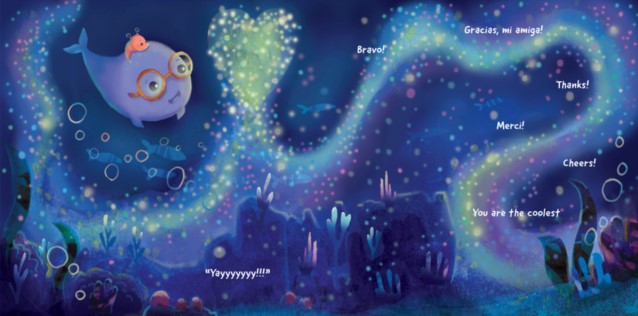 Interior two-page spread of Will and Krill, featuring the small blue whale with glasses and the pink krill riding on her back, as a swirl of bioluminescent creatures compliment the whale.