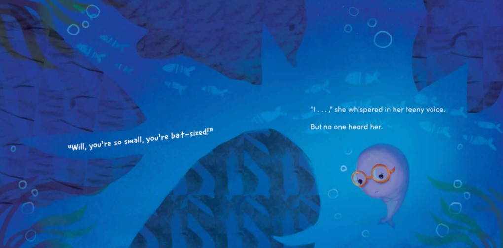 Interior two-page spread from Will and Krill, featuring the small blue whale with glasses looking sad as she is surrounded by the silhouettes of larger whales, who are taunting her.