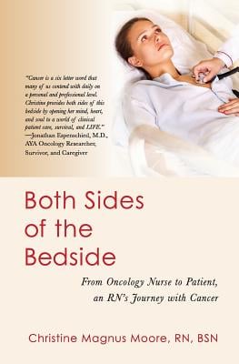 Both Sides of the Bedside by Christine Magnus Moore book cover, depicting a woman in a hospital bed getting checked with a stethoscope. The background is beige and the text is red and black.