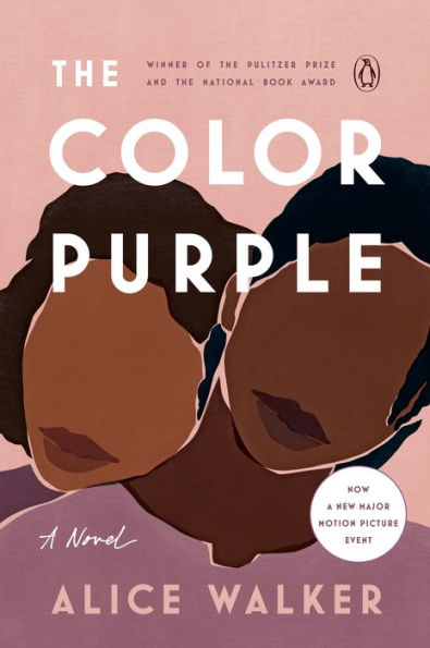 Book cover of "The Color Purple" by Alice Walker features abstract illustrations of two people with intertwined heads on a pink background. Text highlights its Pulitzer Prize and National Book Award wins.