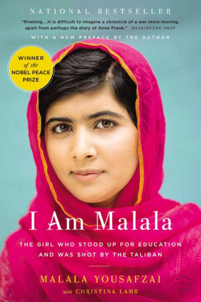 Book cover of "I Am Malala" shows a young woman in a bright pink headscarf against a turquoise background. The text highlights her Nobel Peace Prize.