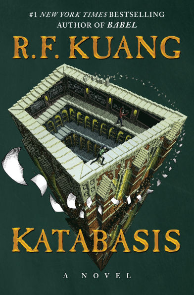 Book cover of "Katabasis" by R.F. Kuang features an Escher-like, infinite staircase with figures climbing and descending. Dark green background.