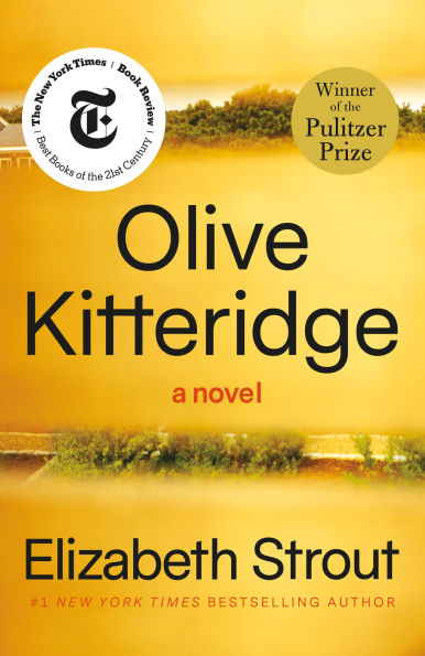 Book cover of Olive Kitteridge by Elizabeth Strout. Golden landscape background with text highlighting its Pulitzer Prize win and bestseller status.