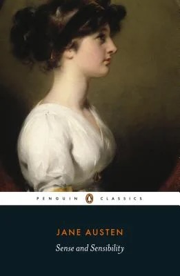 Sense and Sensibility by Jane Austen book cover, depicting a woman's side profile. The bottom portion has the title and author in white font against a black background.
