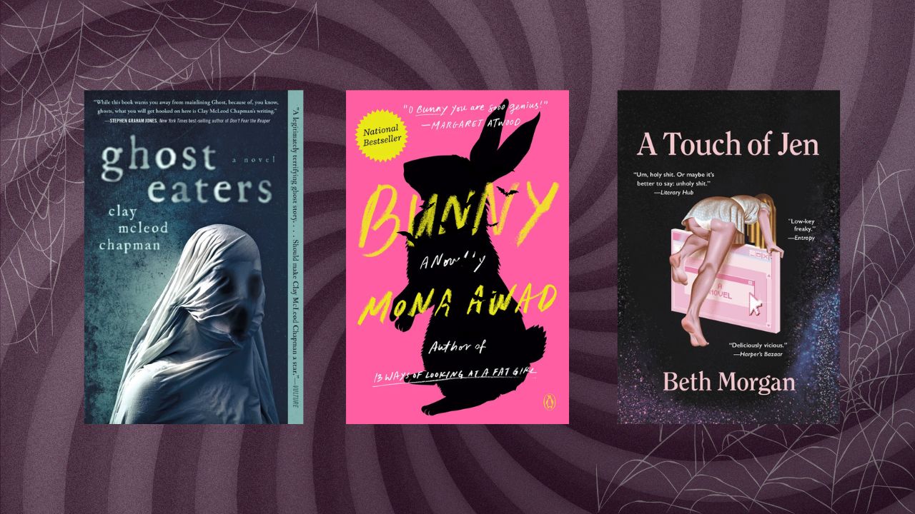 Ghost Eaters by Clay McLeod Chapman, Bunny by Mona Awad, and A Touch of Jen by Beth Morgan book covers on a purple spiral background with grey cobwebs on the top left and bottom right corners.