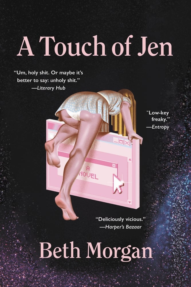 A Touch of Jen by Beth Morgan book cover, depicting a blonde woman in a short dress leaning over a pink computer screen. The background is black with a colorful specks near the bottom.