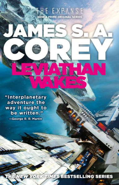 Book cover of "Leviathan Wakes" by James S. A. Corey features a futuristic spaceship in space. Bold title text is in red and white, conveying adventure and sci-fi themes.