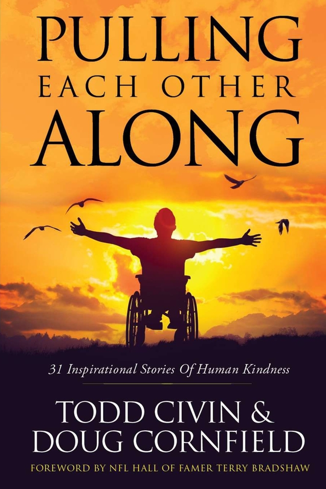 Pulling Each Other Along by Todd Civin and Doug Cornfield book cover. Depicts an orange sunset with a silhouette of a boy in a wheelchair with his arms reaching towards the sky and birds flying around him.