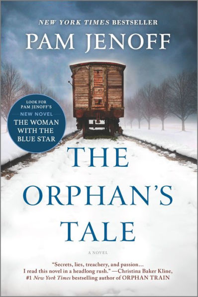 Book cover of "The Orphan's Tale" by Pam Jenoff. Features an old train boxcar on snowy tracks lined with bare trees.