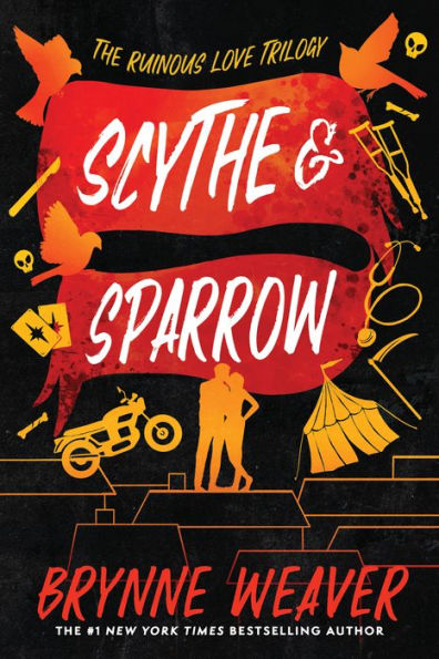 Book cover of "Scythe & Sparrow" by Brynne Weaver. Red-orange banner with bold title, silhouettes of a couple, a motorcycle, and carnival icons on a black background.