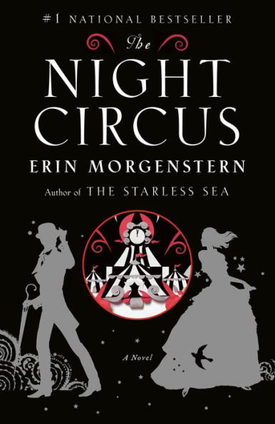 Book cover of "The Night Circus" by Erin Morgenstern shows silhouettes of a man and woman, a central circus tent design, and a whimsical black, white, and red theme.