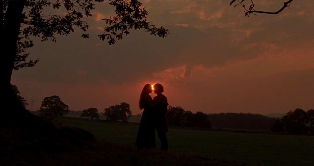 A still from the 1987 movie The Princess Bride. A woman and man are silhouetted in front of a dark orange setting sun in a farm field with scattered trees. The two embrace as though they are about to kiss.