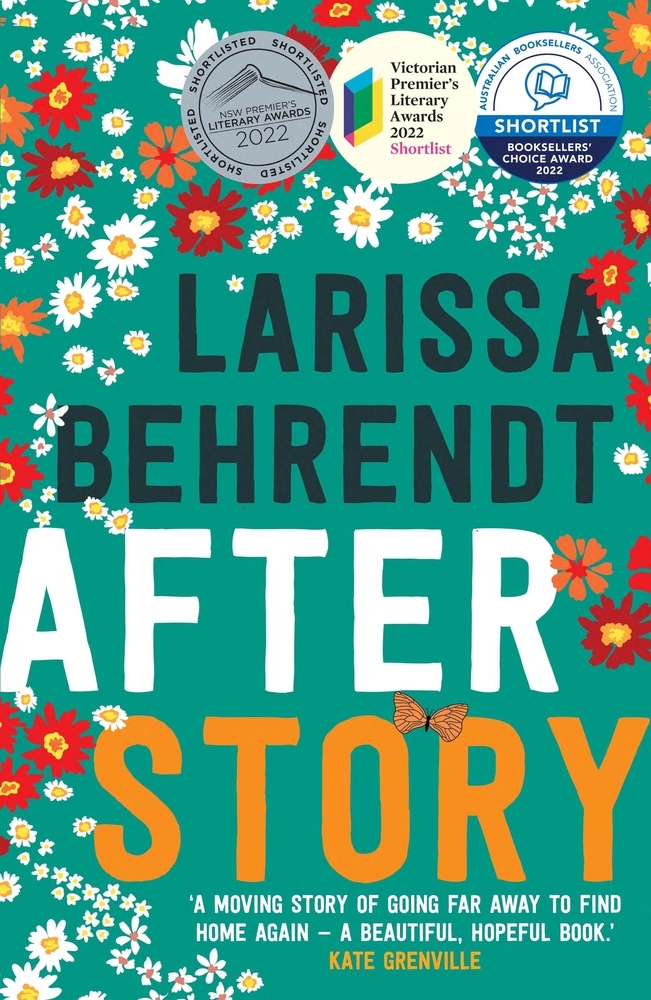 After Story by Larissa Behrendt book cover. Turquoise background with white red and orange flowers.