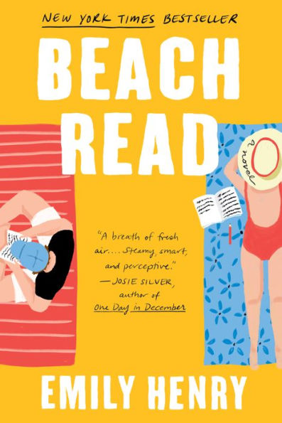 Book cover of Beach Read by Emily Henry features a vibrant illustration of two people lounging on beach towels, reading. The background is bright yellow.