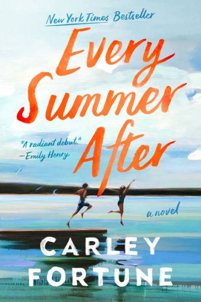 Book cover of Every Summer After by Carley Fortune. Two people joyfully run towards a lake under a blue sky. Bright, warm colors evoke nostalgia and summer vibes.
