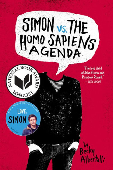 Book cover of "Simon vs. the Homo Sapiens Agenda" by Becky Albertalli features a faceless figure in a black outfit on a red background with speech bubble title. National Book Award sticker and "Love, Simon" movie tie-in badge included.