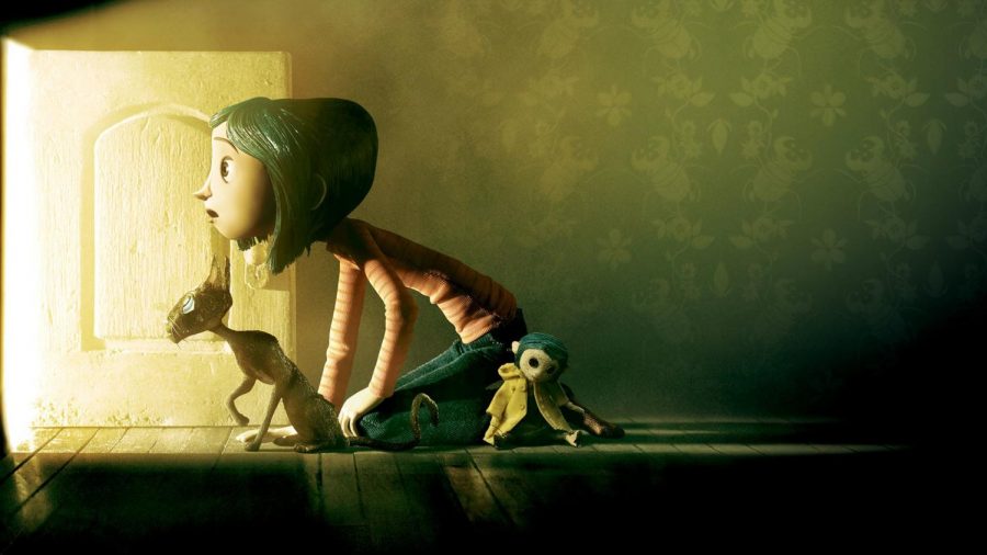 Movie still from Laika's Coraline. Image depicting a young girl with short black-blue hair crawling on her hands and knees towards a small door, from which a warm yellow light is being omitted. She is wearing a pink stripy shirt, blue jeans and has a doll that looks eerily similar to her on the floor by her feet. A black cat sits slightly in front of her, one paw raised towards the door in shock or fright.