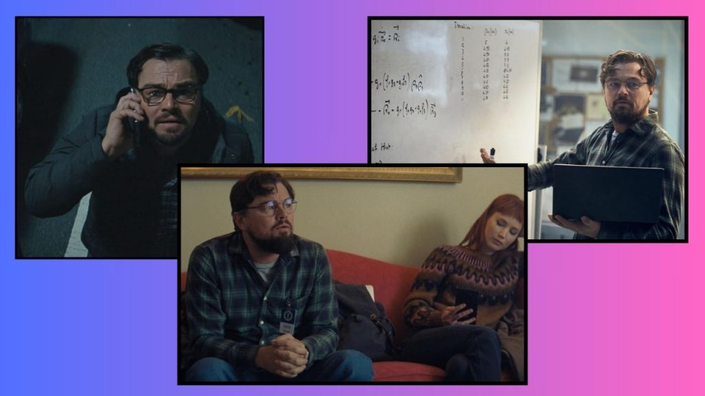 Purple and pink background featuring three framed movie stills of Leonardo DiCaprio from Don't Look Up. The first shows him on the phone, looking up at the sky, concerned. In the second, he is at a whiteboard full of math, gesturing at it. The fourth features him sitting on a couch with his hands clasped.