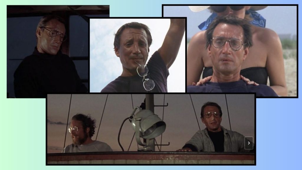 A blue and green background featuring four framed movie stills of Roy Scheider in Jaws 1975. The first is a night scene of Captain Brody brooding in the cabin of the boat. The second is showing him with the glasses dangling from his mouth. In the third, he is seen looking concerned while seated on the beach receiving a massage from his wife. The fourth features Chief Brody and Hooper looking out from the boat together.