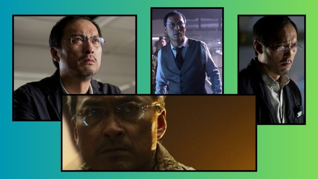 A turquoise and green background featuring four framed movie stills of Ken Watanabe in Godzilla. The first shows him looking sternly at something. The second shows him in a sharp vest and tie, looking determined. In the third, the glasses are slid down his nose. The fourth features him looking disappointed.
