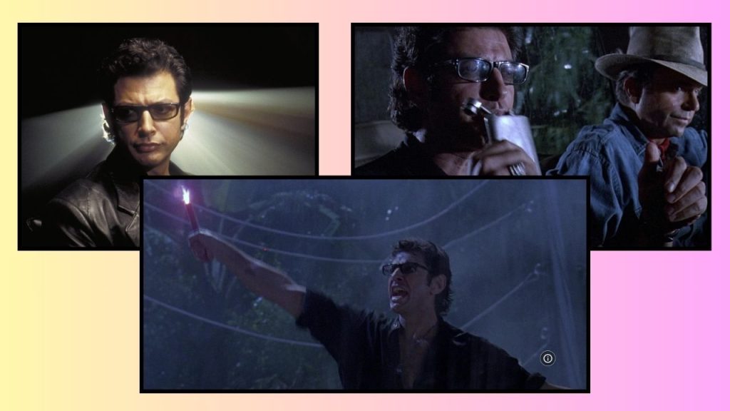 Pink and yellow background featuring three framed movie stills of Jeff Goldblum in Jurassic Park. The first shows him looking broody during a dark film screening. In the second, he is drinking from a flask, sitting next to Grant on the automated tour. The third shows him lighting a flare to get a dinosaur's attention.