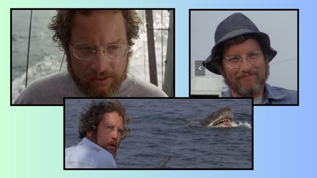 A blue and green background featuring three framed movie stills of Richard Dreyfuss from Jaws 1975. The first shows him in a grey sweater looking out from the top of the boat. The second one shows him wearing a denim bucket hat and smiling. The third features him looking over his shoulder in concern as a great white shark breaks the surface of the water.