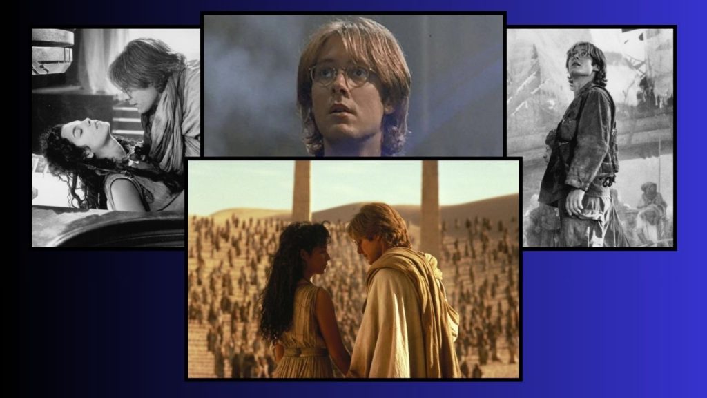 Blue and black background featuring three framed movie stills of James Spader in Stargate. The first shows him carefully laying an unconscious girl down on a bed with pillows. In the second, he is looking off in the distance, concerned. The third shows him standing amid a revolution, wearing combat gear. The fourth features him wearing ceremonial robes, standing with the girl before a large crowd.